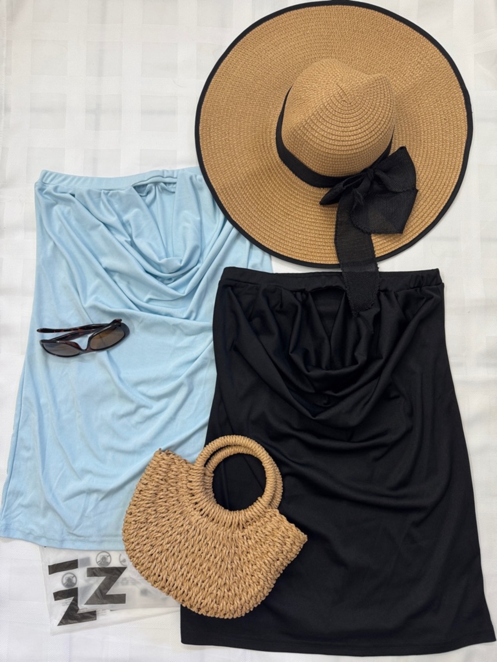 Set of 2. Cowl-Neck Strapless Midi Dress Set - Black and Light Blue.